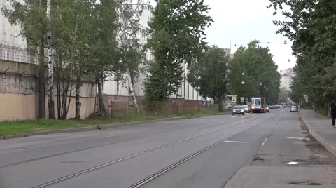 Old trams in mixed at-grade traffic Stock Footage 67468286