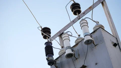 Old transformer electricity close-up. high voltage a transformer electric booth Stock Footage 145458127
