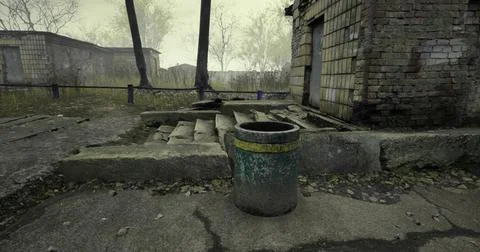 Old trash can next to decaying building in abandoned urban area Stock Illustration