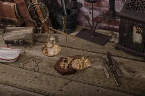 Old trauma doctor study table. vintage still life. Stock Photos