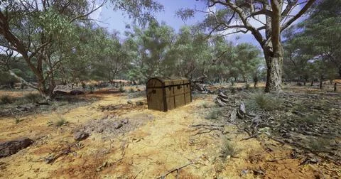 Old treasure chest in a dry, sparse landscape under clear blue sky Stock Illustration