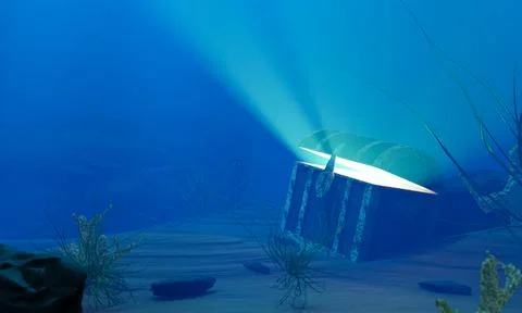The old treasure chest sunk under the sea. The light shone out of the treasur Stock Illustration