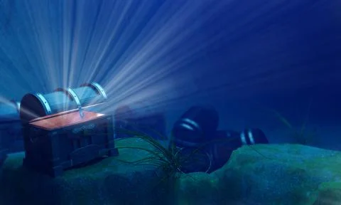 The old treasure chest sunk under the sea. The light shone out of the treasur Illustrazione stock