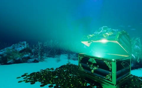 The old treasure chest sunk under the sea. The light shone out of the treas.. Stock Illustration