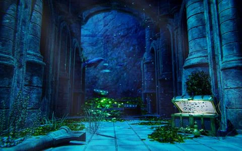 The old treasure chest sunk under the sea. The light shone out of the treas.. Stock Illustration