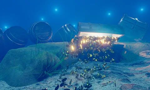 The old treasure chest sunk under the sea. The light shone out of the treas.. Stock Illustration