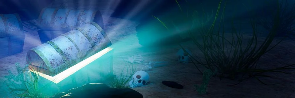 The old treasure chest sunk under the sea. The light shone out of the treas.. Stock Illustration