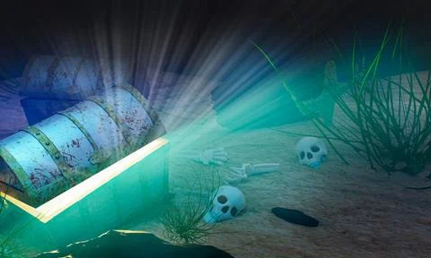The old treasure chest sunk under the sea. The light shone out of the treas.. Stock Illustration