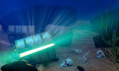 The old treasure chest sunk under the sea. The light shone out of the treas.. Stock Photos