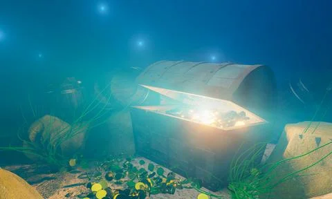 The old treasure chest sunk under the sea. The light shone out of the treas.. Stock Photos