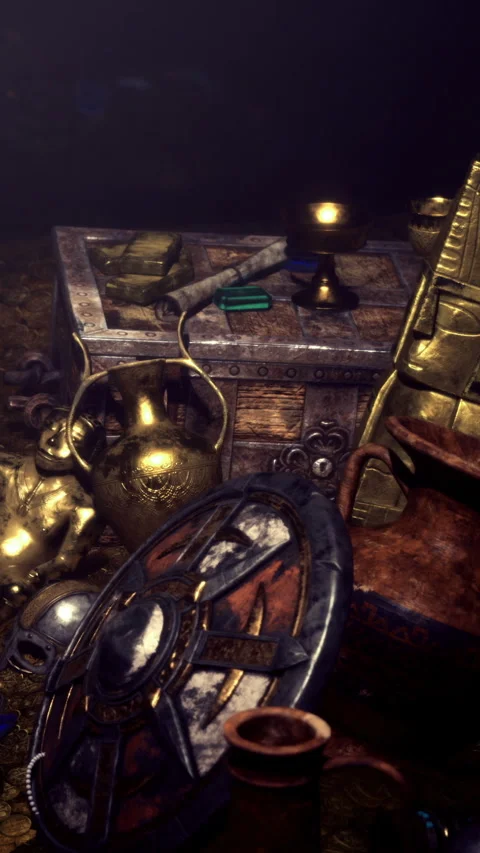 Old treasure chest surrounded by gold coins and artifacts in dim light Video stock 334170890