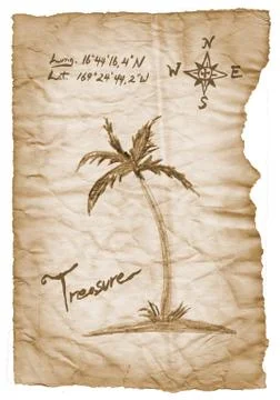 Old treasure map with burned, edges on white background. Stock Illustration