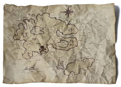 Old treasure map. Crumpled map of pirates on a white background. Stock Photos