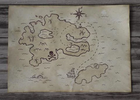 Old treasure map. A map of pirates on a turn on the table. Stock Photos