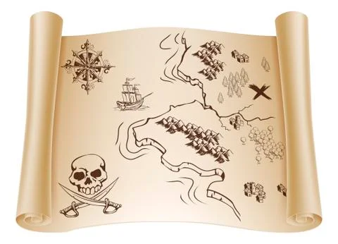 Old treasure map on scroll Illustrazione stock