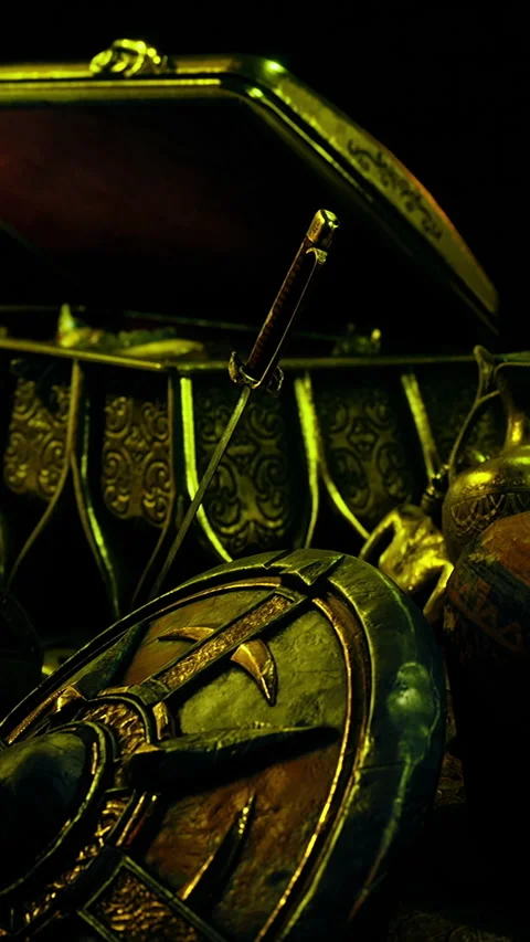 Old treasures and weapons inside a dark wooden chest with golden details Stock Footage 333565874