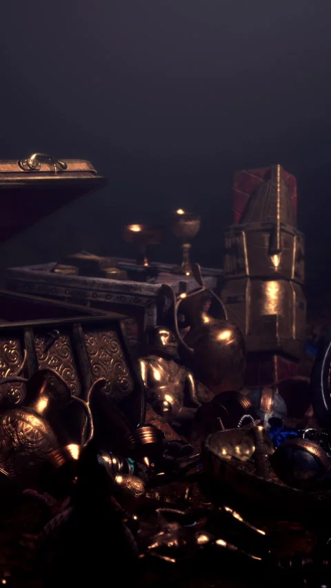 Old treasures are displayed in a dark room with a wooden box and ornaments Stock Footage 337961203
