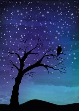 The old tree and the bird on the night sky Stock Illustration