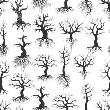 Old tree silhouettes samless pattern. Tree with roots texture Stock Illustration