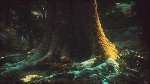 Old trees with lichen and moss in green forest Stock Illustration