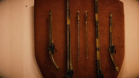 Old Trophy Rifles from the 19th Century, Hooked on the Wall Vídeo Stock 95777073
