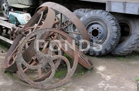 Old truck and cart wheels Stock Photos