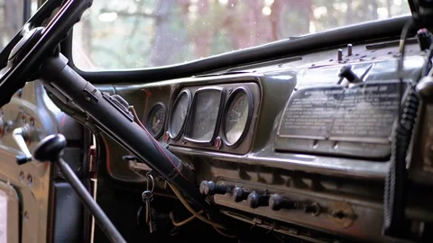 Old Truck Dashboard, Speedometer, and other Indicators. Vintage Military Vehicle Stock Footage