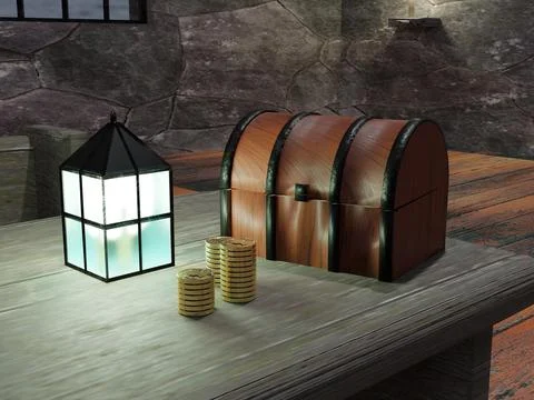 Old trunk with lanterna and money Stock Illustration