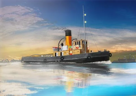 Old tugboat in the harbor Stock Illustration