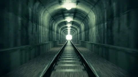 Old tunel, rails and light at the end of the toonel. Deep, dark moody traveling. Stock Footage 21308880