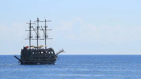 Old Turkish ship sailing in the sea in Antalya Stock Footage 127308341