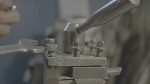 Old turning lathe machine in turning workshop. Turning machine cutting tool Stock Footage 89613322