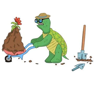 An old turtle in glasses hard pulls a construction cart with a pile of dirt and Stock Illustration
