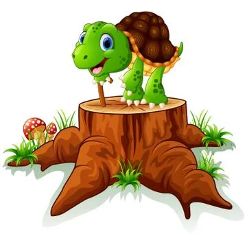 Old turtle posing on tree stump Stock Illustration