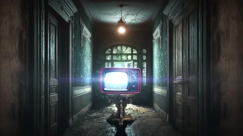 Old TV with digital noise on the screen in the centre of dark room Stock Footage 234359463