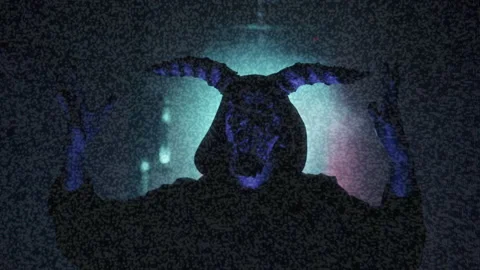 Old tv screen showing devil with glitch effect close-up. Exorcist with horns Stock Footage 161071074