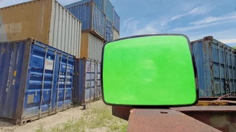 Old Tv Set on the containers  With Green Screen, Compositing, Chroma Key Stockbeeldmateriaal 201203824