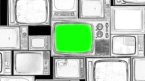 Old tv set with green screen among a wall of retro TV, compositing, chroma key Stockbeeldmateriaal 126031531