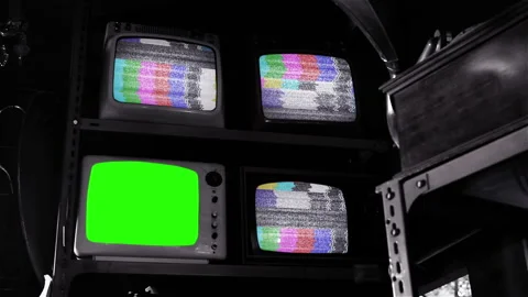 Old TV Turning On Green Screen and Three Retro TVs Turning On Test Pattern.   Stock Footage 168453218