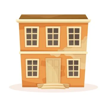 Old two storey house facade. Decaying suburban cottage cartoon vector Stock Illustration