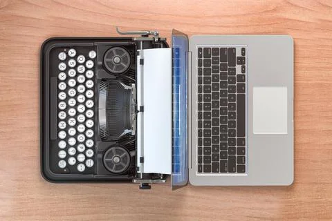 Old typewriter and laptop, top view. Old and modern technologies. Stock Illustration