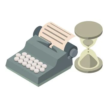 Old typewriter icon isometric vector. Old vintage typewriter and sandglass icon Stock Illustration