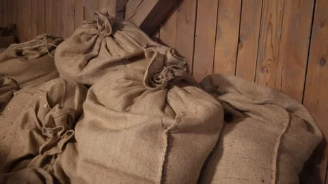 Old typical flour bags. Stock Footage 296821880