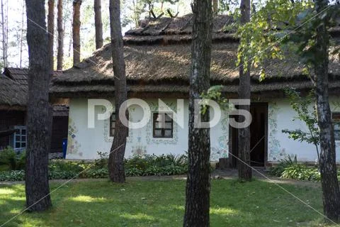 Old Ukrainian clay house in the forest. Stock Photos