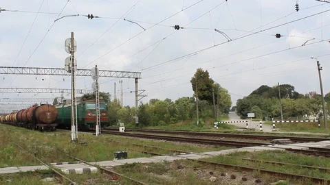 Old Ukrainian freight train in small village Stock Footage 124432421
