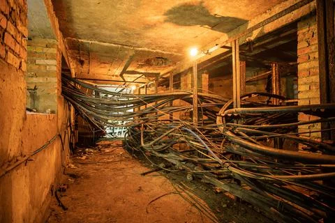 An old underground brickwork cable tunnel or basement with cables with tungst Stock Photos