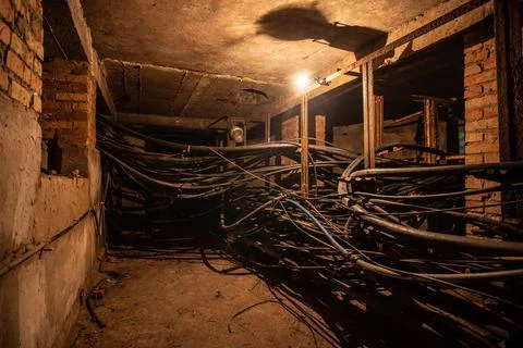 An old underground brickwork cable tunnel or basement with cables with tungst Stock Photos