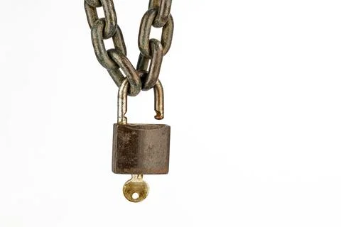 Old unlocked rusty padlock with a chain with copy space isolated on white b.. Stock Photos
