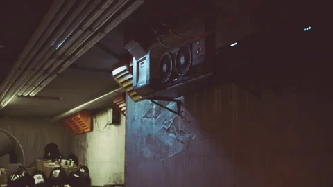 Old urban setting featuring air conditioning unit and stylish hats for sale 스톡 동영상 326195428