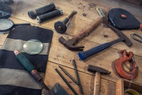 The old used Archaeological tools background Stock Photos